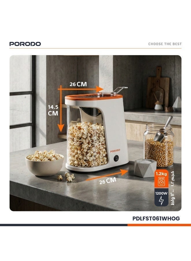 porodo Popcorn Maker with Detachable Tank / Oil-Free Popcorn Machine / 1200W Power / Healthier Snack / Hot Air Popper Maker Machine / 60g Corn Kernel Capacity - White and Orange - Image 5